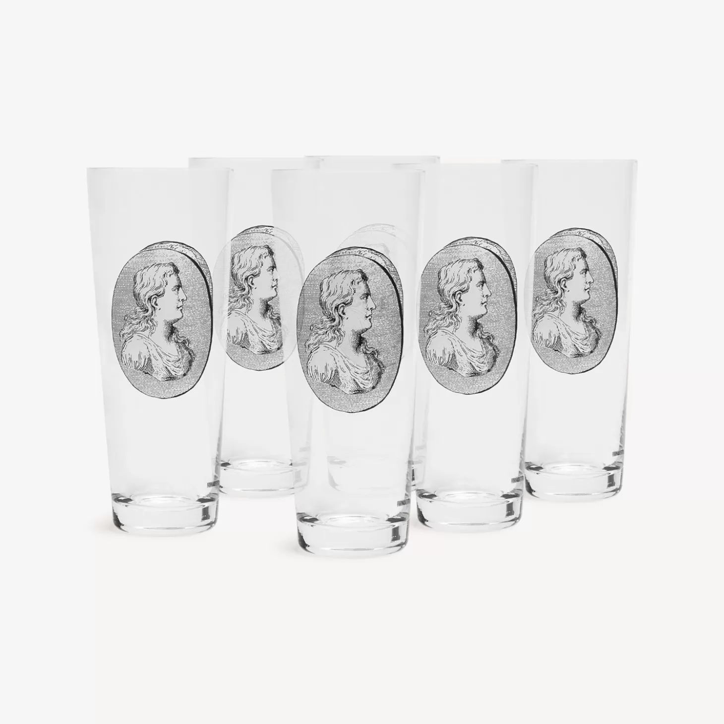 Fornasetti Set 6 Bicchieri Soda Cammei^ Bicchieri E Sottobicchieri
